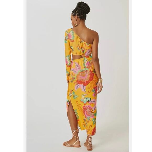 NWOT Anthropologie x Farm Rio Single Shoulder Cutout Maxi Dress S Yellow Floral - Picture 3 of 10